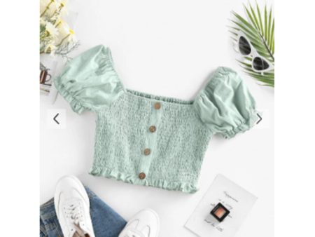 Zaful- Smocked Ruffle Puff Sleeve Mock Button Blouse - Light Green Online Sale