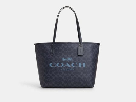 Coach- City Tote In Signature Canvas -  Silver Denim Midnight Navy For Sale