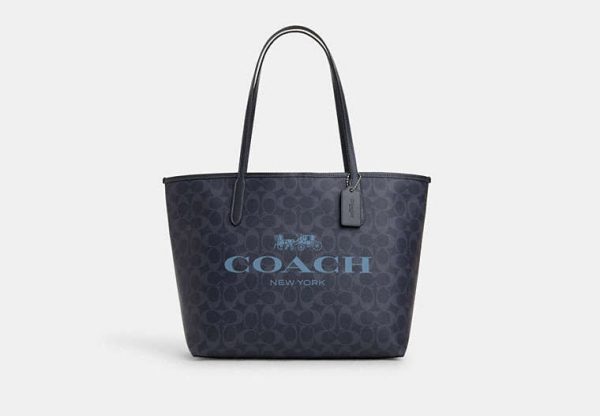 Coach- City Tote In Signature Canvas -  Silver Denim Midnight Navy For Sale