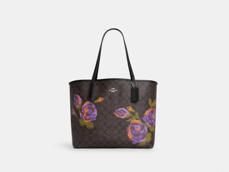 Coach- City Tote In Signature Canvas With Rose Print - Silver Brown Iris Multi Discount