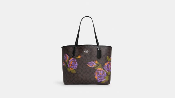 Coach- City Tote In Signature Canvas With Rose Print - Silver Brown Iris Multi Discount