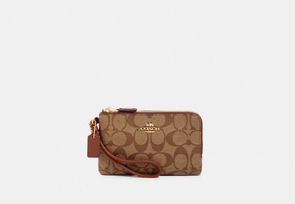 Coach- Double Corner Zip Wristlet In Signature Canvas (Gold Khaki Redwood) Online Hot Sale