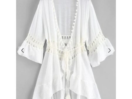 Zaful- Pom-pom Crochet Panel Beach Dress - White Sale