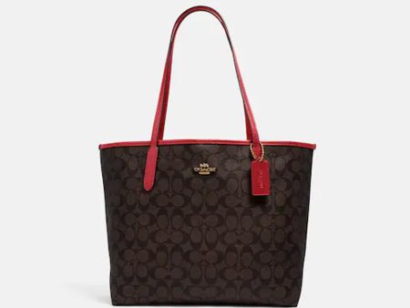 Coach- City Tote In Signature Canvas (Gold Brown 1941 Red) Online Sale