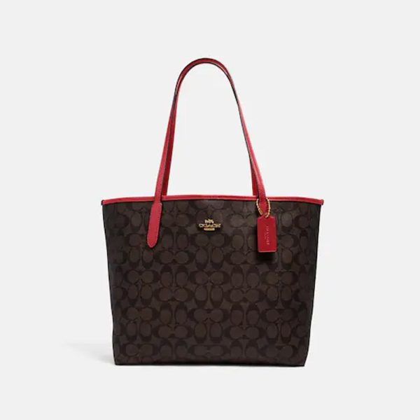 Coach- City Tote In Signature Canvas (Gold Brown 1941 Red) Online Sale