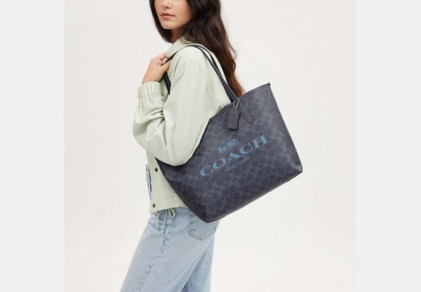 Coach- City Tote In Signature Canvas -  Silver Denim Midnight Navy For Sale