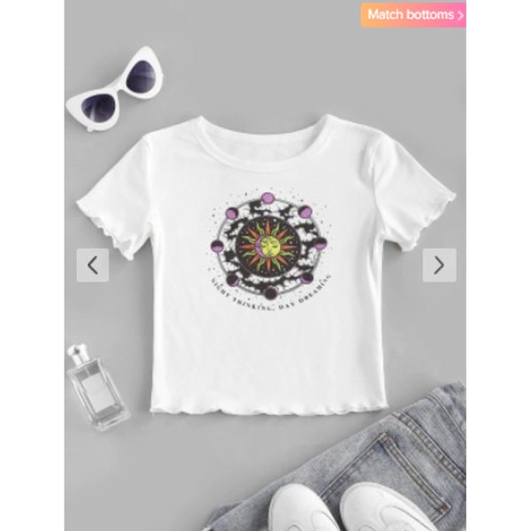 Zaful- Sun And Moon Letter Print Crop Tee - White Sale