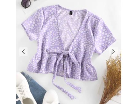 Zaful-  Ditsy Floral Plunge Tie Peplum Blouse - Light Purple Hot on Sale