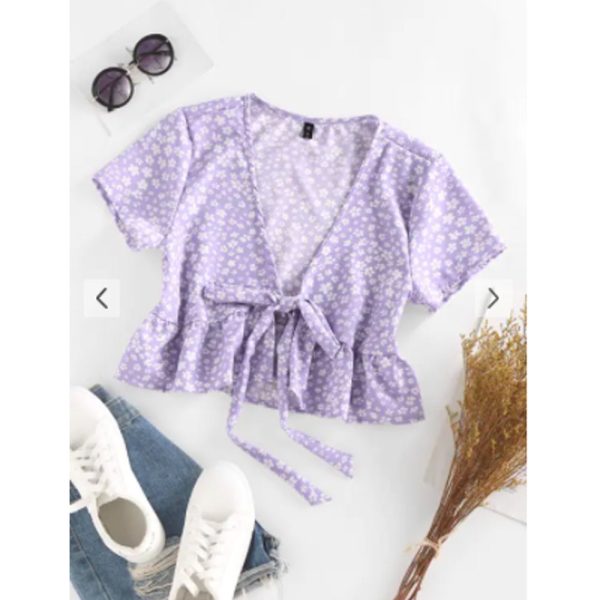 Zaful-  Ditsy Floral Plunge Tie Peplum Blouse - Light Purple Hot on Sale