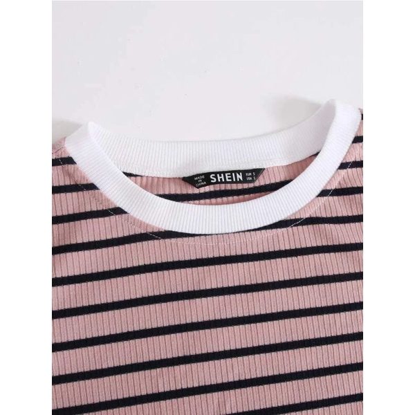 Romwe- Contrast Neck Lettuce Edge Striped Tee For Cheap