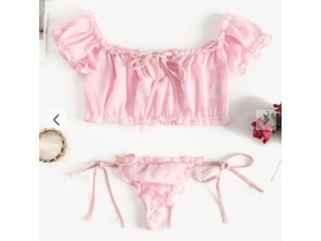 Zaful- Chiffon Frilled Tied Sheer Lingerie Set - Light Pink For Discount