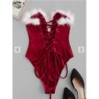 Zaful-  Faux Feather Lace Up Velvet V Wired Bandeau Bodysuit - Red Hot on Sale