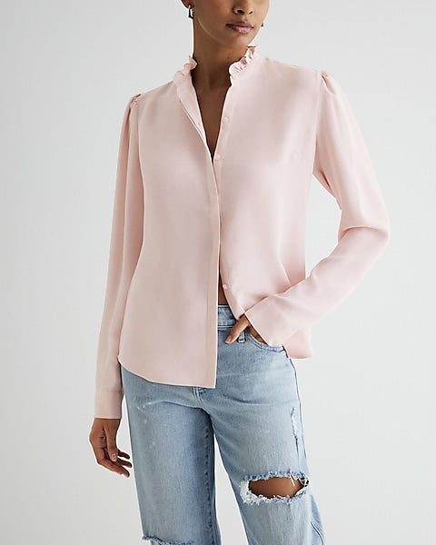 Express- Ruffle Neck Relaxed Portofino Shirt - Bubble 2913 on Sale