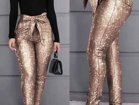 Chicme- New High Waist Tied Detail Sequins Skinny Pants Hot on Sale