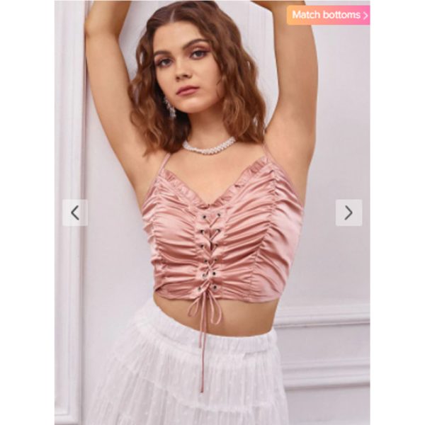 Zaful- Ruched Lace Up Smocked Crop Top - Rose For Sale