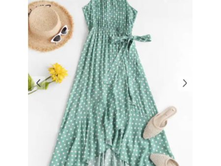 Zaful- Polka Dot Ruffles Tie Waist Midi Dress - Green S Online