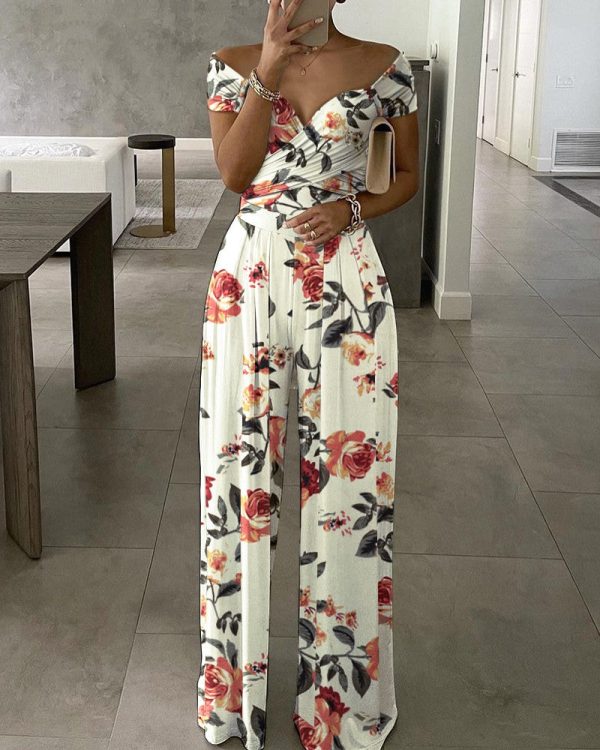 Chicme- Floral Print Short Sleeve Wide Leg Jumpsuit (MULTICOLOR) Cheap