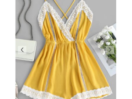 Zaful- Lace Insert Hollow Out Crisscross Backless Romper - Goldenrod Cheap