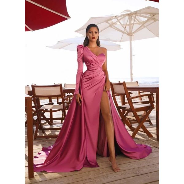 Long-one sleeved satin dress - Multiple Colors Cheap