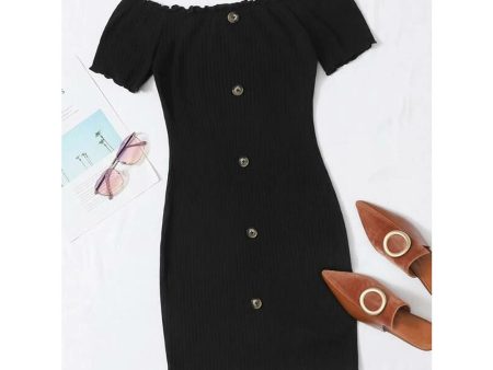 Romwe- Button Front Lettuce Edge Bardot Dress Online Sale