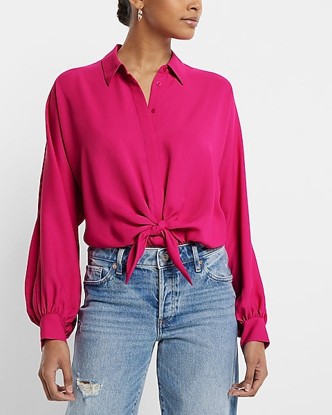 Express- Tie Front Shirt Thong Bodysuit - Neon Berry 259 Online