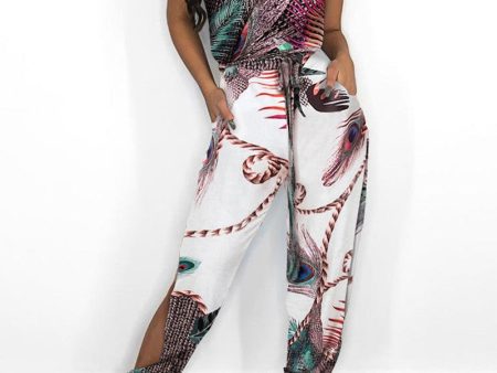 Chicme- Peacock Print Slit Tied Detail Jumpsuit Discount