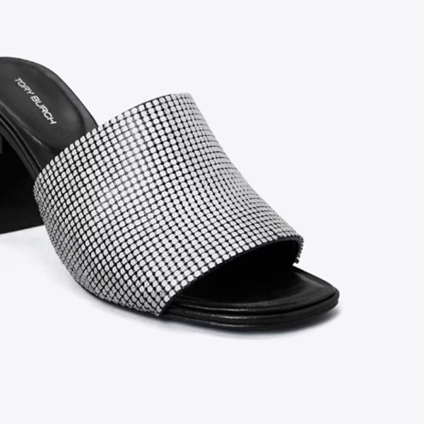 Tory Burch- Block T Chainmail Mule Sandal - Silver   Perfect Black Discount