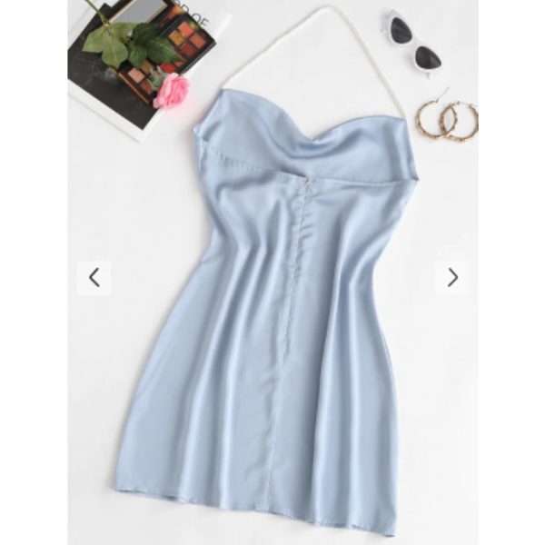 Zaful- Faux Pearl Halter Mini Party Dress - Light Blue Cheap