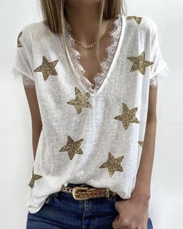 Chicme- Star Print Eyelash Lace Trim Top Online Hot Sale