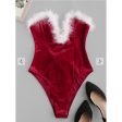 Zaful-  Faux Feather Lace Up Velvet V Wired Bandeau Bodysuit - Red Hot on Sale