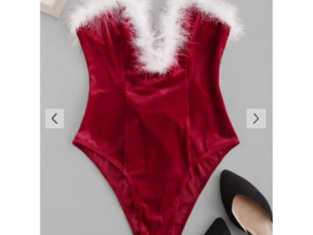 Zaful-  Faux Feather Lace Up Velvet V Wired Bandeau Bodysuit - Red Hot on Sale