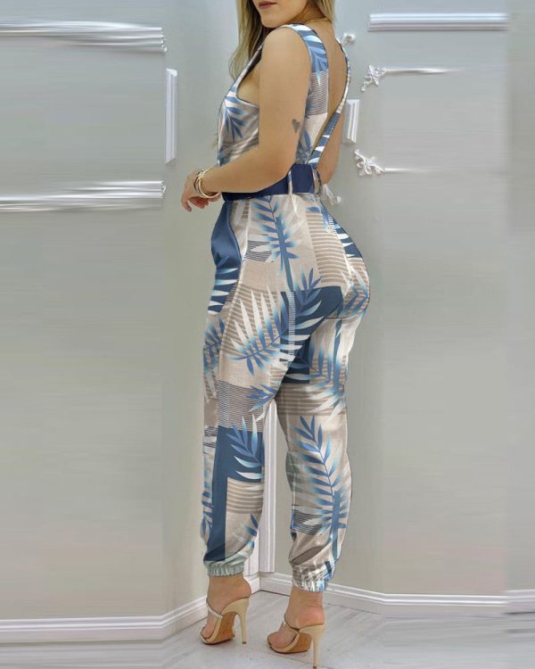 Chicme- Tropical Print Sleeveless Pocket Design Backless Jumpsuit For Sale