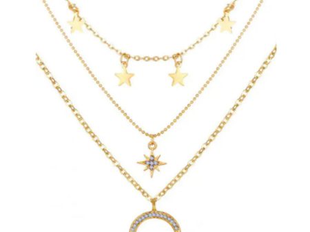 Zaful- Moon Stars Pattern Multi-layer Pendant Necklace - Gold Cheap