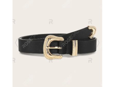 Rosegal- Gold Tone Engraved Buckle Belt (Black) For Sale