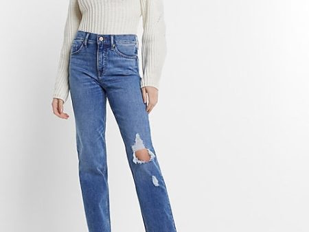 Express- High Waisted Medium Wash Ripped Modern Straight Jeans - Medium Wash 20 Supply