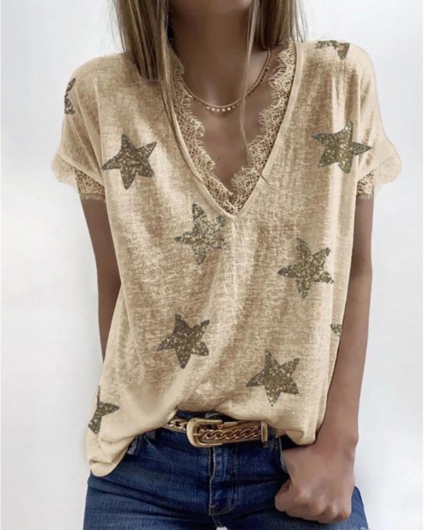 Chicme- Star Print Eyelash Lace Trim Top Online Hot Sale