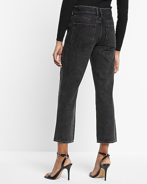 Express- High Waisted Washed Black Side Button Straight Ankle Jeans - Pitch Black 58 Discount