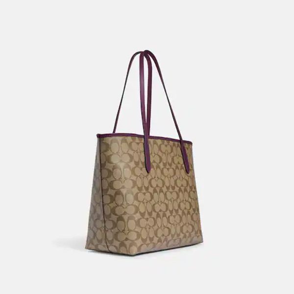 Coach- City Tote In Signature Canvas (Im Khaki Boysenberry) For Sale