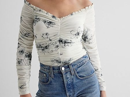 Express- Body Contour Compression Floral Off The Shoulder Thong Bodysuit - White Print 29 Online Sale