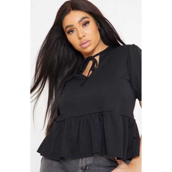 Missguided- Plus Size Black Tie Front Peplum Top For Sale