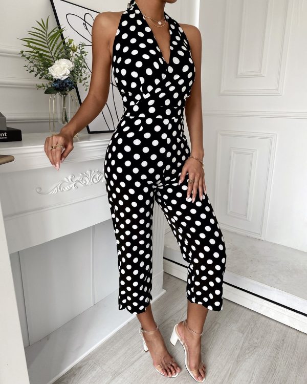 Chicme- Polkadot Print Halter Backless Wide Leg Jumpsuit Fashion