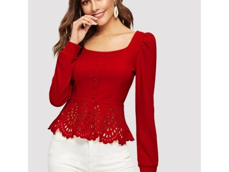 Romwe- Buttoned Front Laser Cut Hem Puff Sleeve Top For Discount