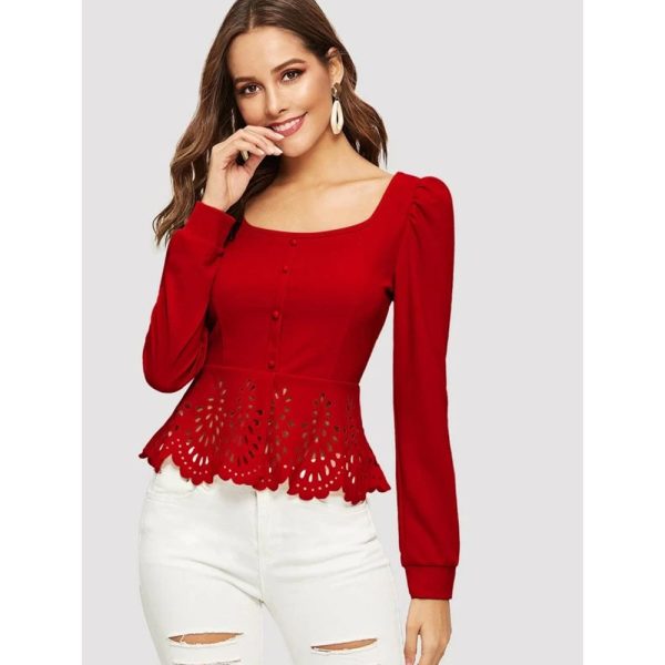 Romwe- Buttoned Front Laser Cut Hem Puff Sleeve Top For Discount