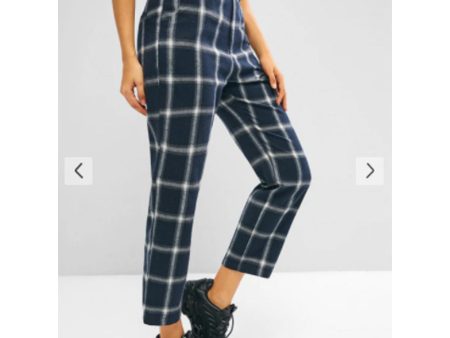 Zaful- Plaid Flannel High Waisted Pocket Pants - Dark Slate Blue on Sale