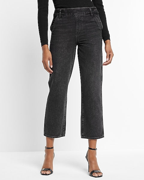 Express- High Waisted Washed Black Side Button Straight Ankle Jeans - Pitch Black 58 Discount