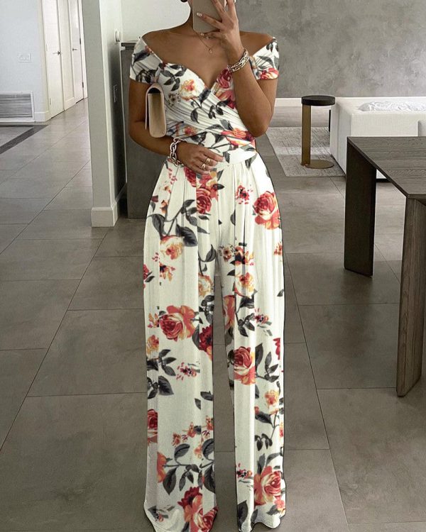 Chicme- Floral Print Short Sleeve Wide Leg Jumpsuit (MULTICOLOR) Cheap