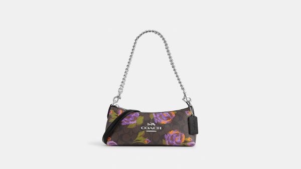 Coach- Charlotte Shoulder Bag In Signature Canvas With Rose Print - Silver Brown Iris Multi Fashion