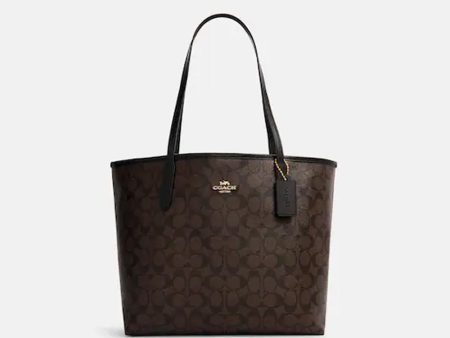 Coach- City Tote In Signature Canvas (Gold Brown Black) For Sale