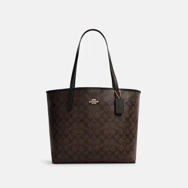 Coach- City Tote In Signature Canvas (Gold Brown Black) For Sale