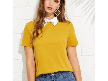 Romwe- Contrast Collar With Faux Pearl Embellished Top For Sale